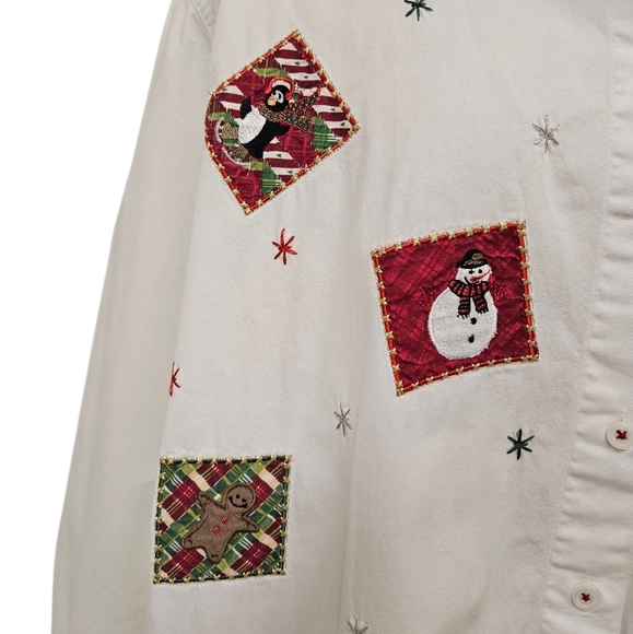 Christmas Embroidered Patchwork Long Sleeve Button Up in White Cotton Sz 3x - Picture 4 of 8